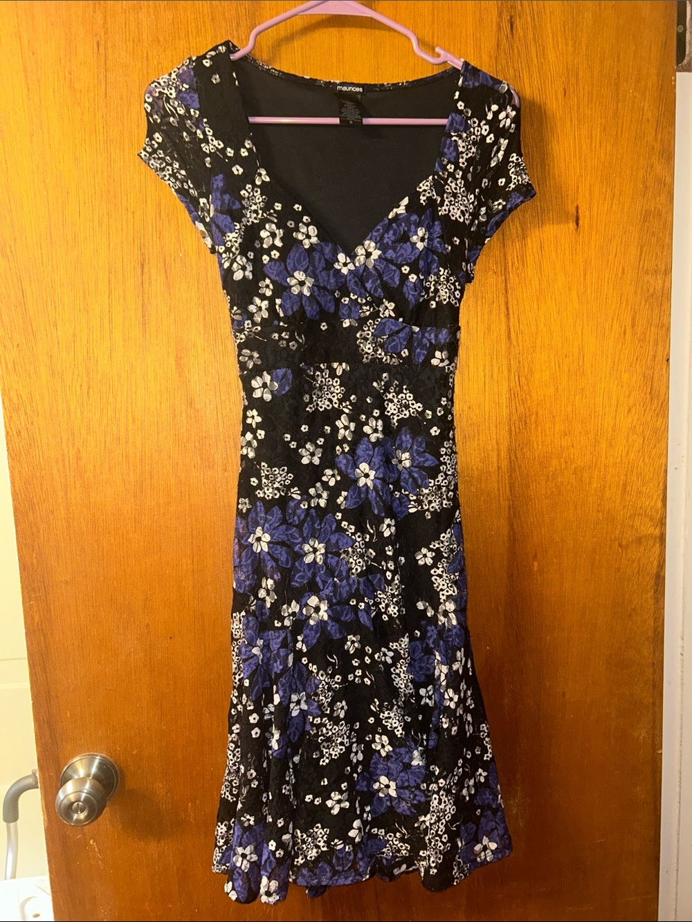 Maurices Black Midi Dress with Purple and White Floral Print Lace Material